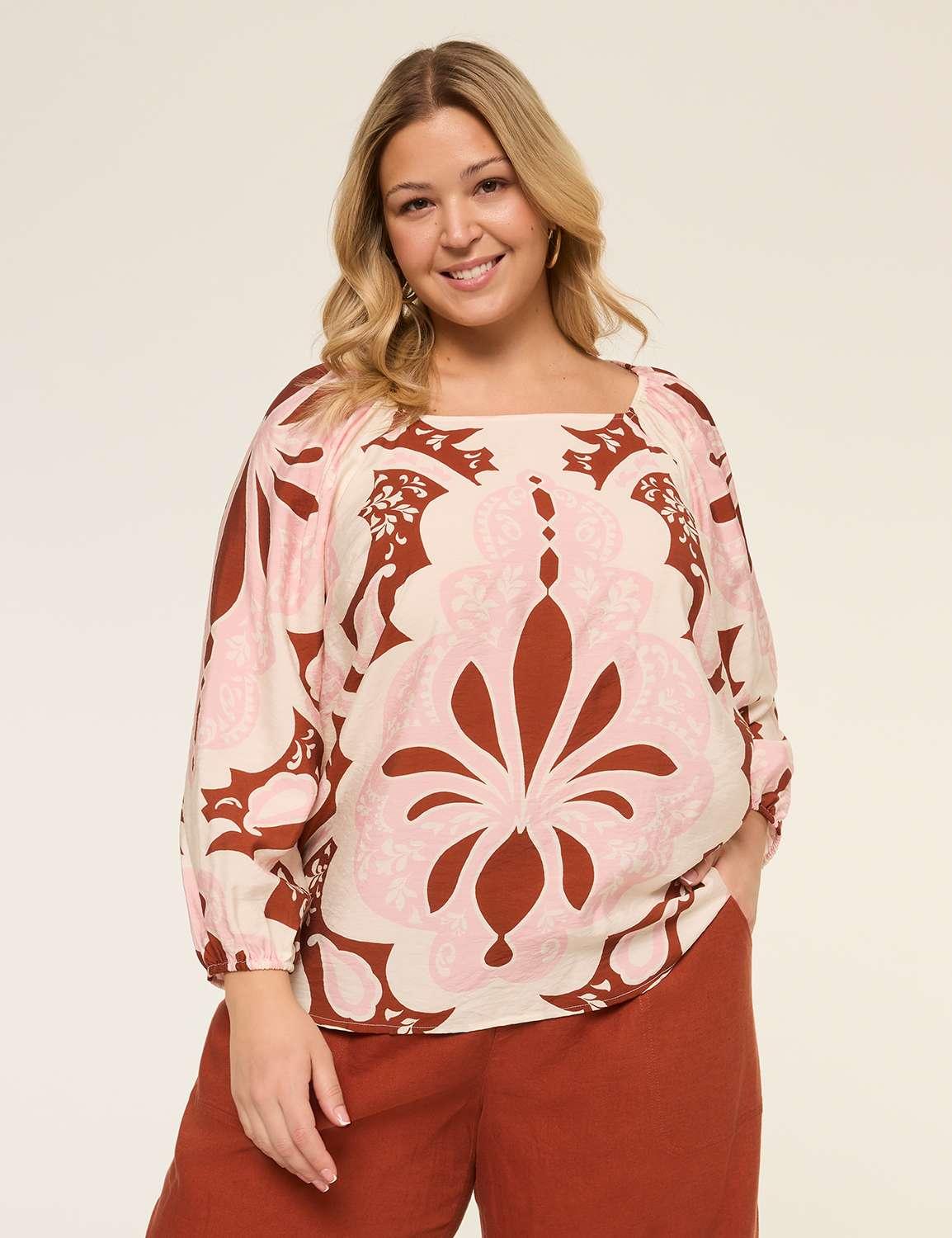 bracelet-sleeve square-neck popover blouse