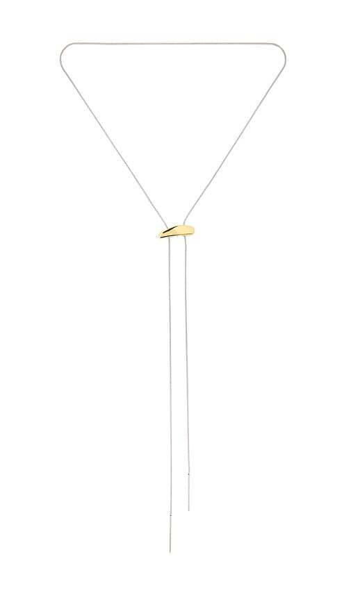 bracha lauren two tone lariat necklace in metallic gold.