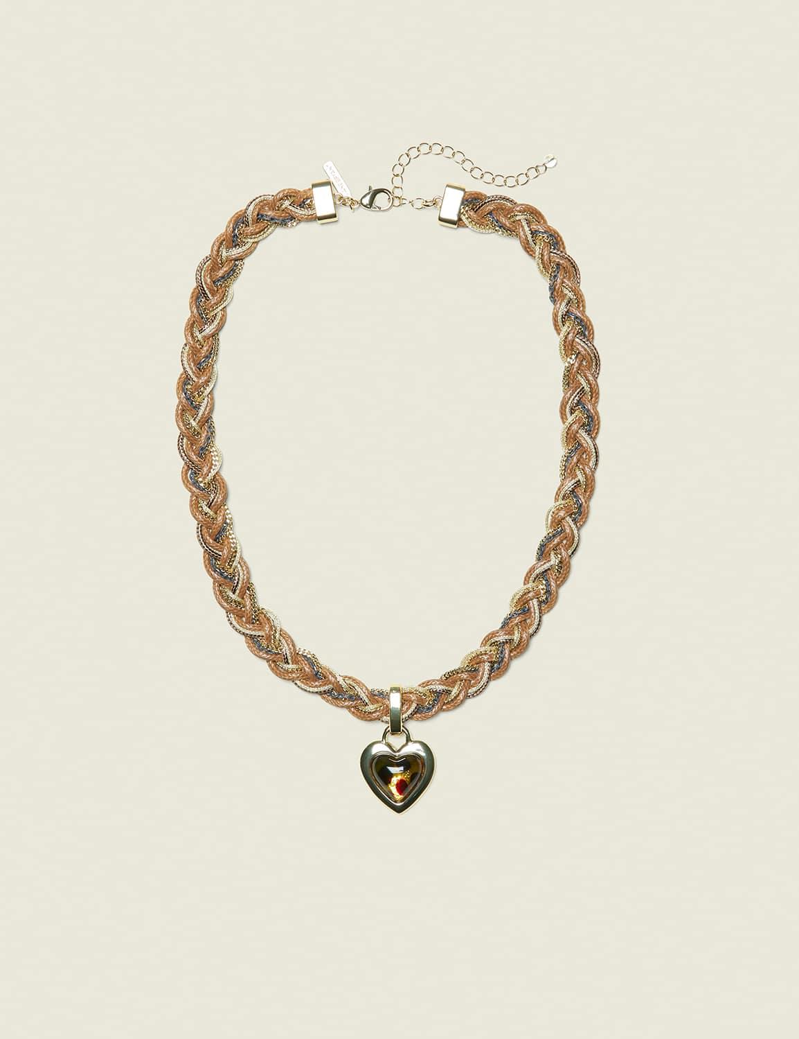 braided tortoiseshell print heart necklace