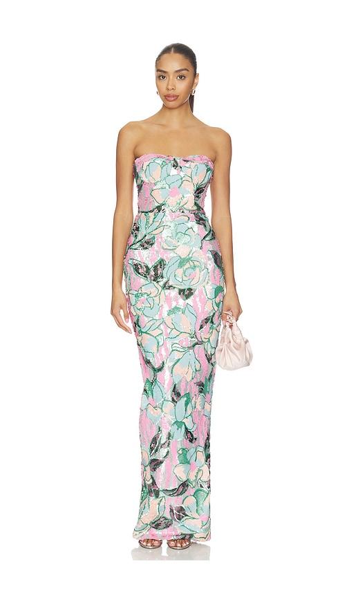 bronx banco calypso sequin dahlia strapless maxi dress in teal,pink. - size l (also in xs, s)