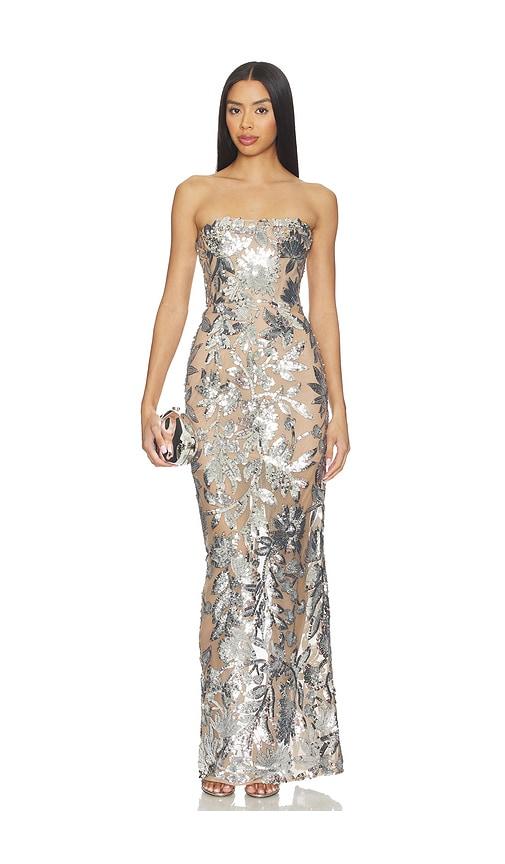 bronx banco dahlia strapless maxi dress in metallic silver. - size s (also in xs)