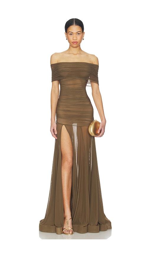 bronx banco dakar off shoulder sheer maxi dress in olive. - size l (also in m)