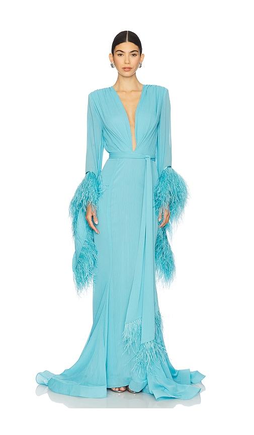 bronx banco geisha v neck gown in blue. - size l (also in xs, s, m)