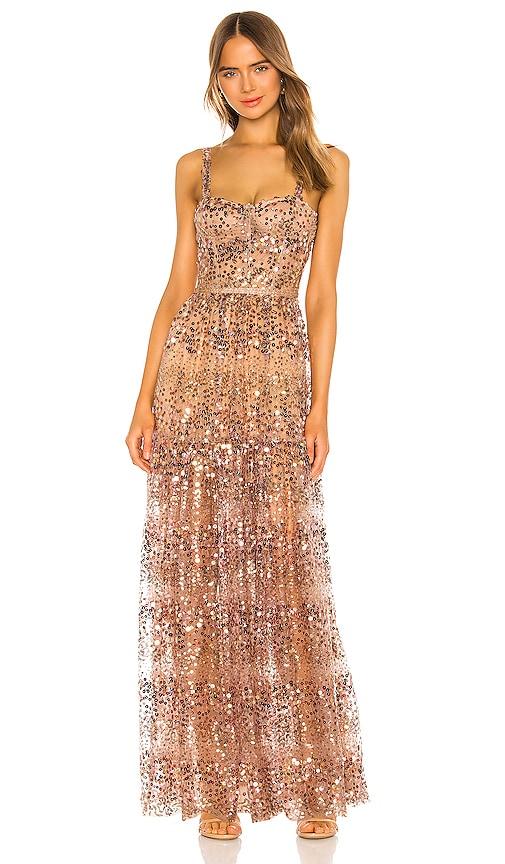 bronx banco runway midnight gown in metallic gold. - size l (also in xs, s, m)