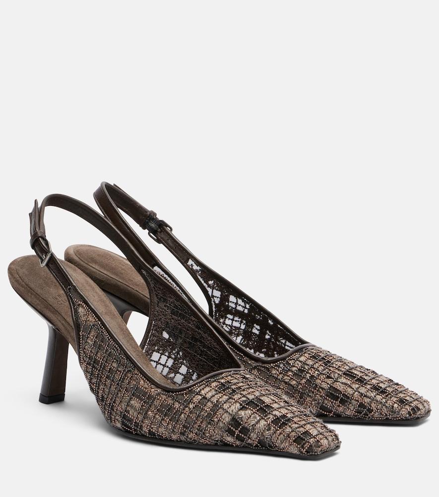 brunello cucinelli beaded checked leather-trimmed slingback pumps