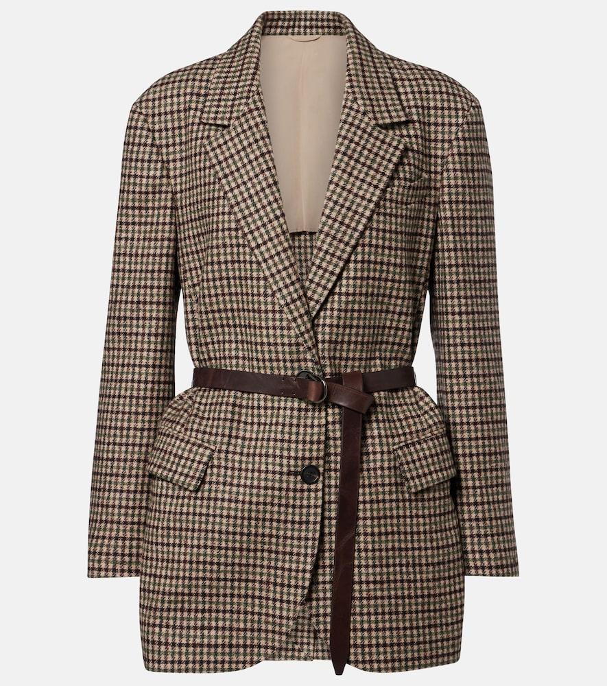 brunello cucinelli belted checked wool and alpaca-blend jacket