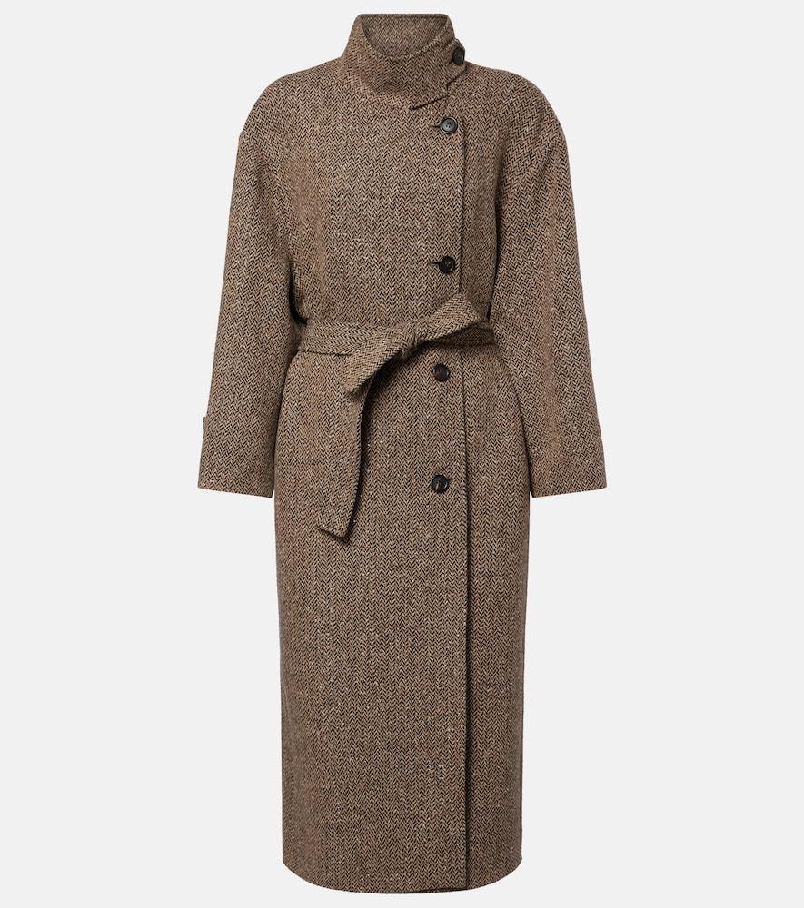 brunello cucinelli belted herringbone wool-blend coat