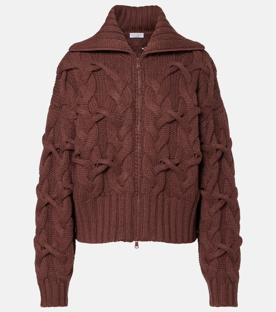 brunello cucinelli cable-knit cashmere zip-up cardigan