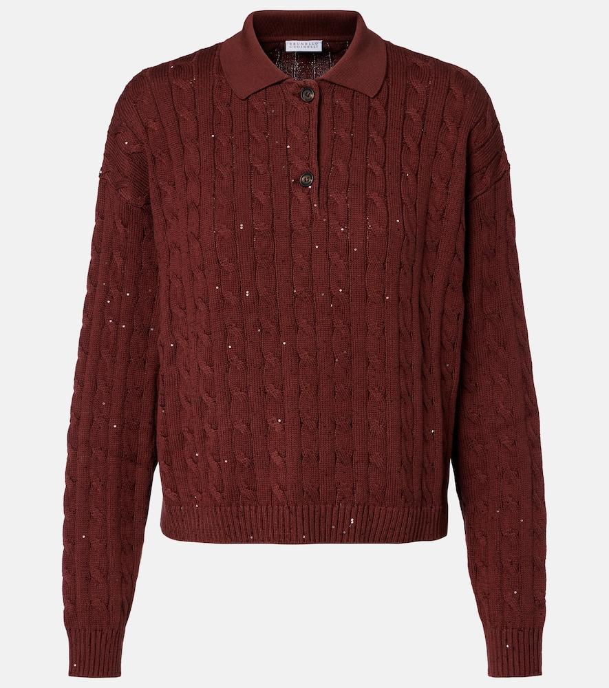 brunello cucinelli cable-knit cotton-blend polo sweater