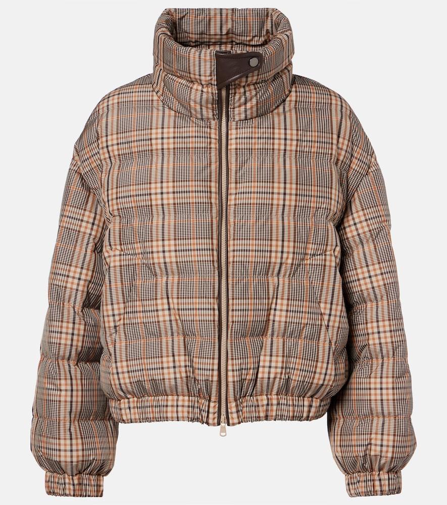 brunello cucinelli checked leather-trimmed down jacket