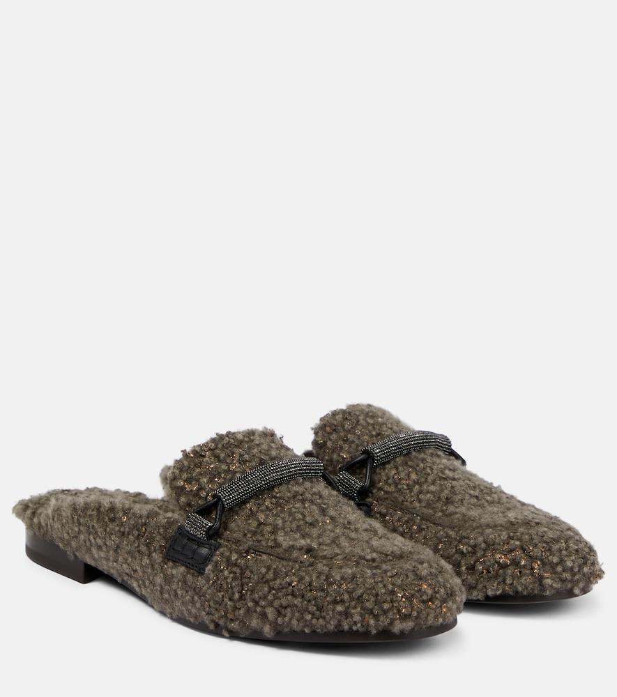 brunello cucinelli embellished shearling slippers