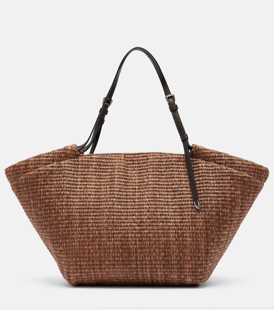 brunello cucinelli large leather-trimmed raffia-effect tote bag