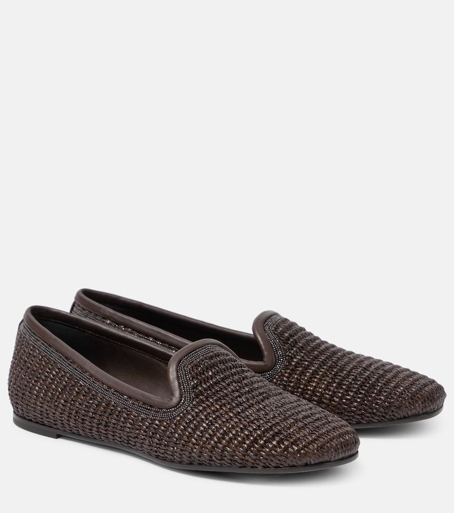 brunello cucinelli leather-trimmed raffia slippers
