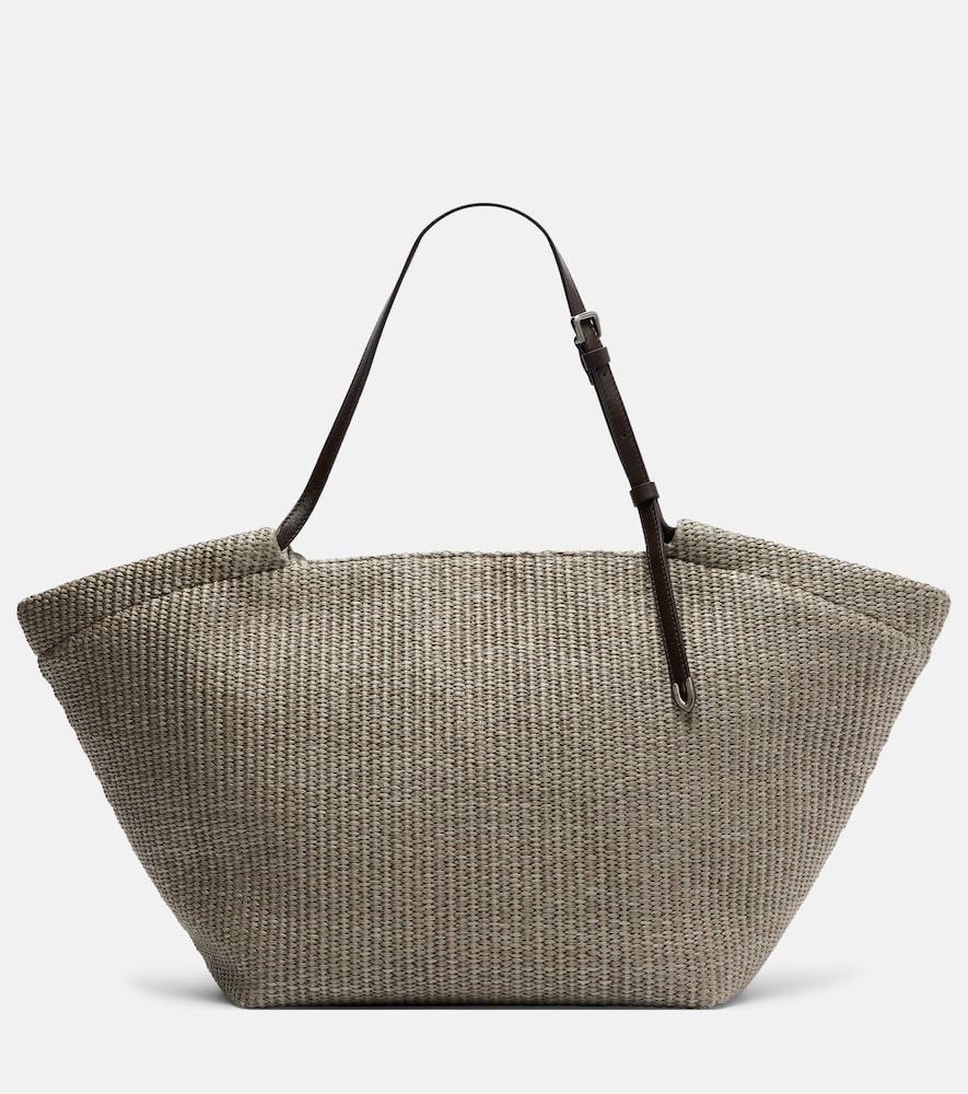 brunello cucinelli leather-trimmed raffia tote bag
