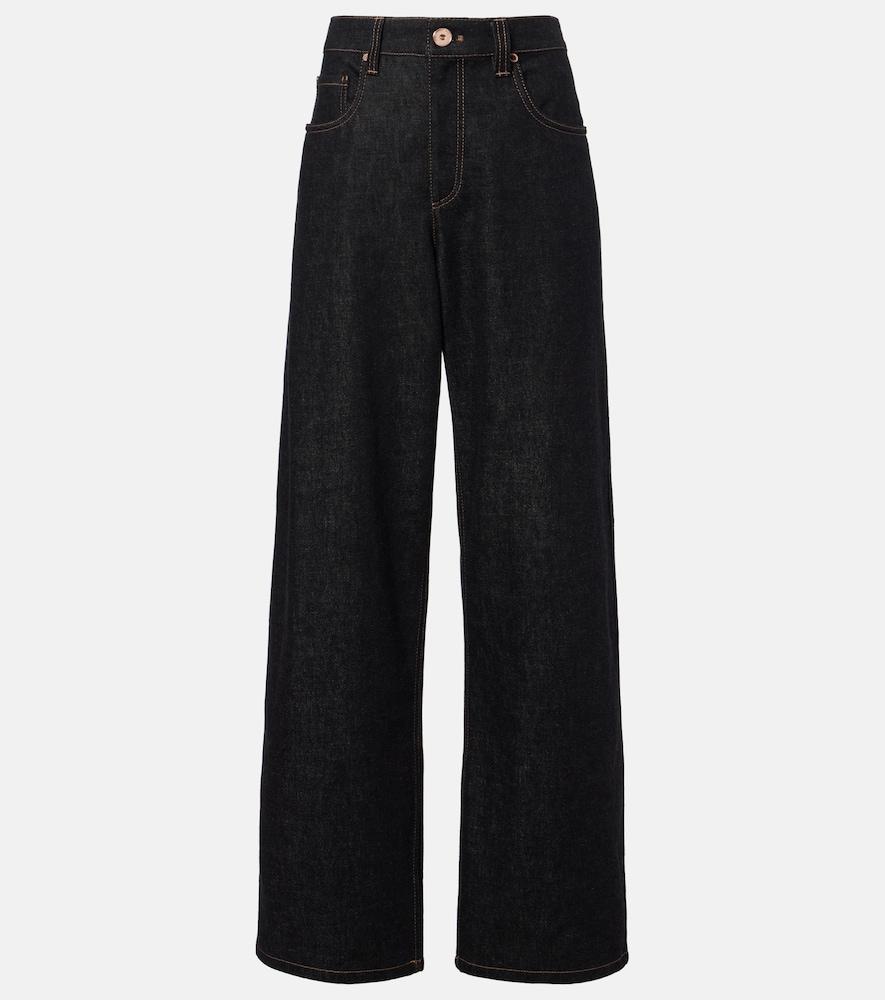 brunello cucinelli leather-trimmed wide-leg jeans