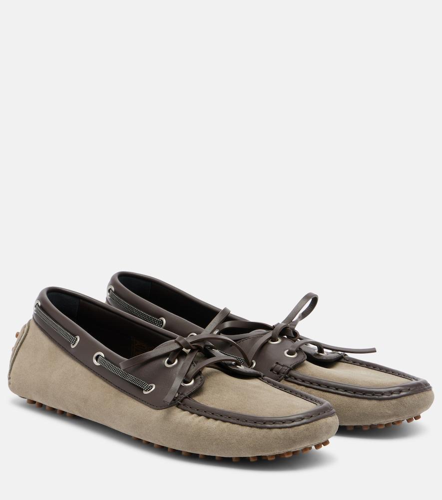 brunello cucinelli monili leather-trimmed suede boat shoes