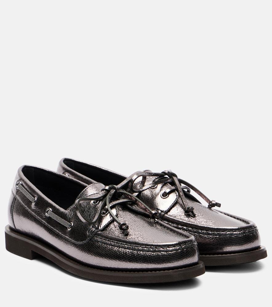 brunello cucinelli monili metallic leather boat shoes