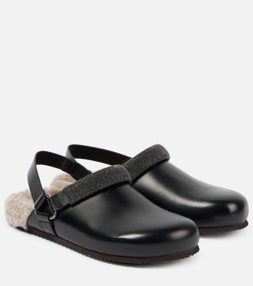 brunello cucinelli monili shearling-lined leather clogs