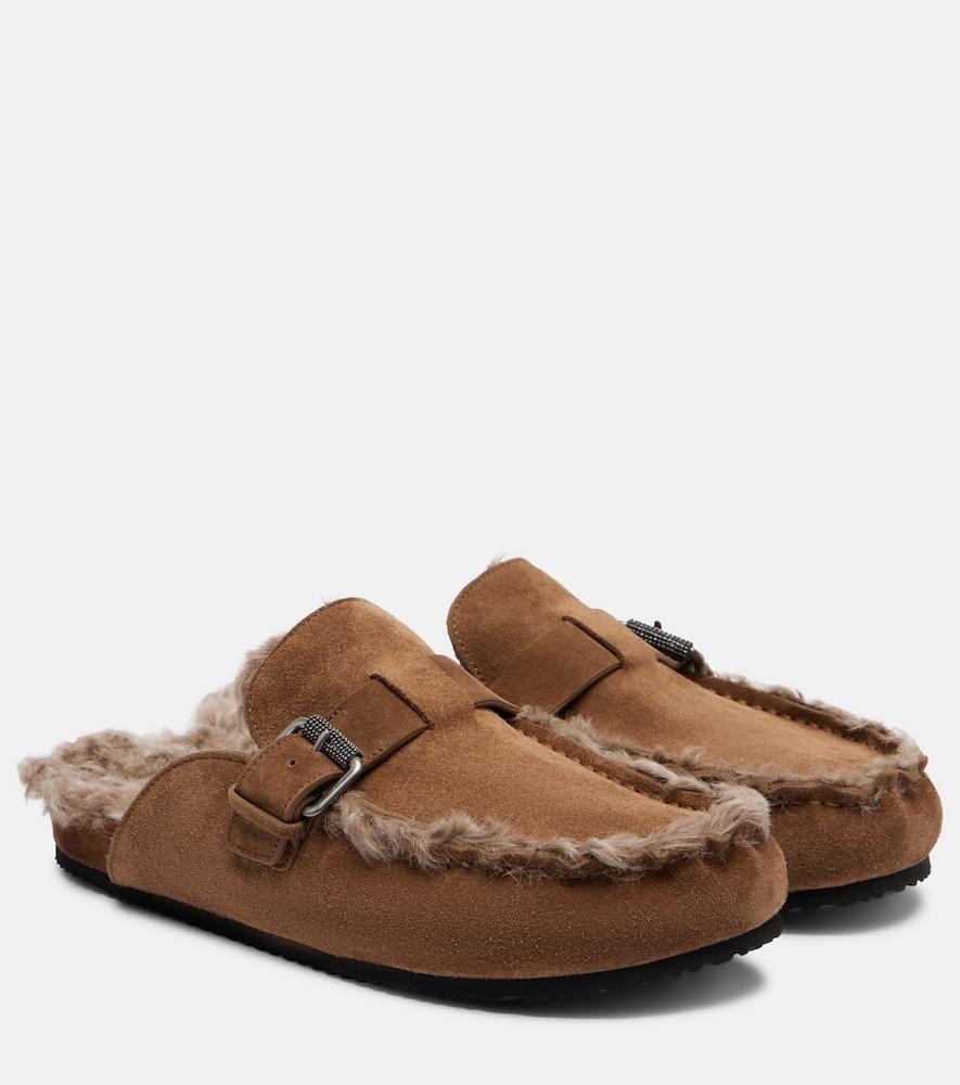 brunello cucinelli monili shearling-lined suede mules