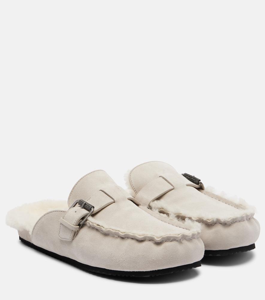 brunello cucinelli monili shearling-lined suede mules