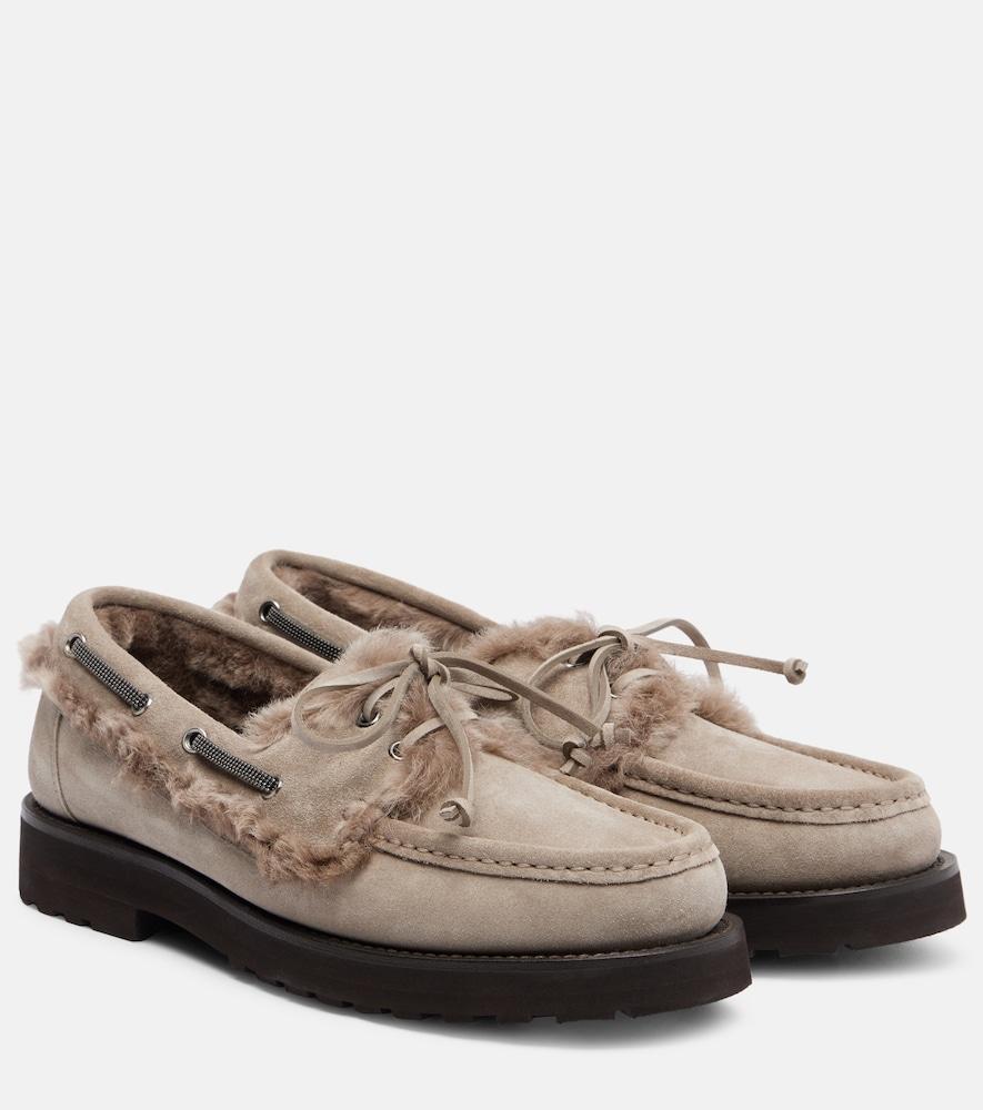 brunello cucinelli monili shearling-trimmed suede boat shoes