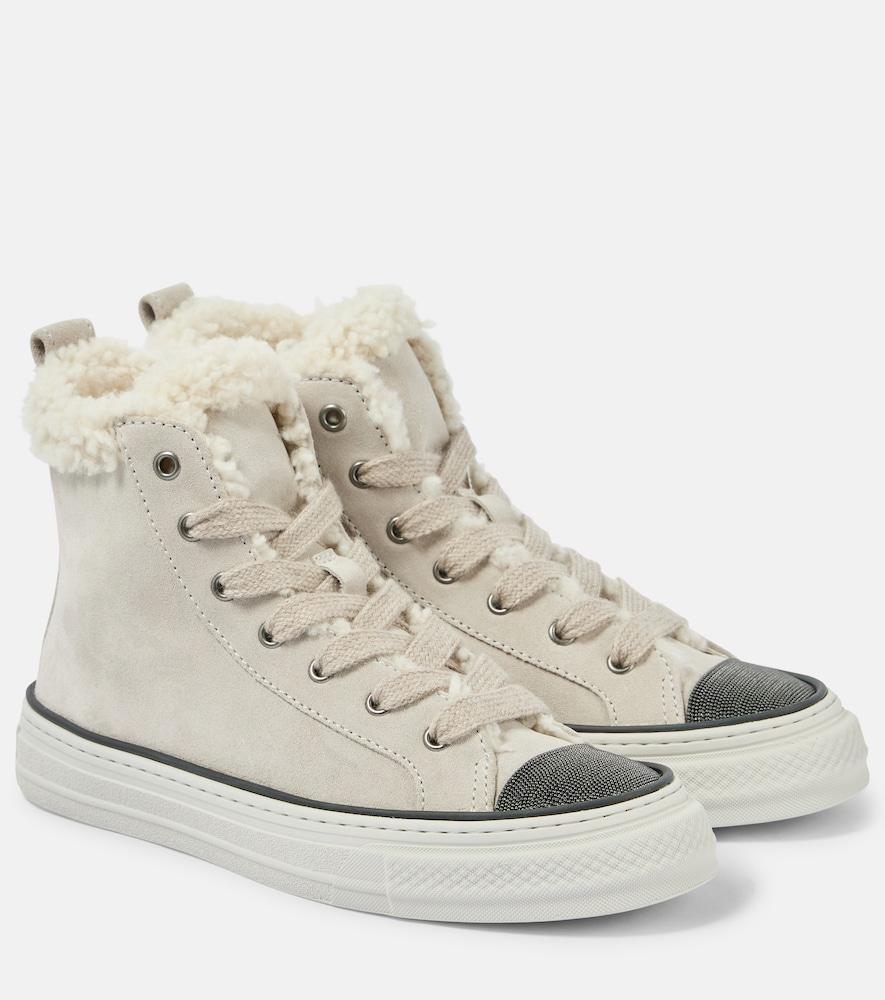 brunello cucinelli monili shearling-trimmed suede high-top sneakers