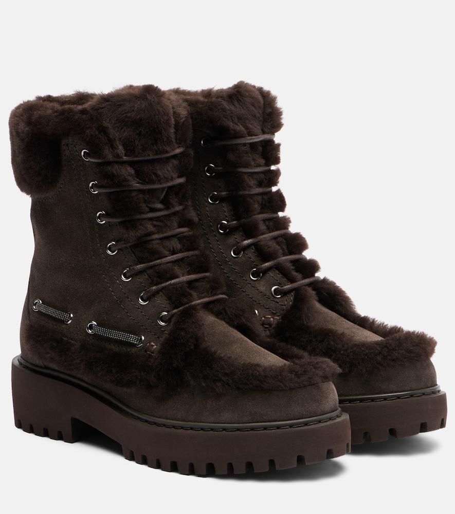 brunello cucinelli monili shearling-trimmed suede lace-up boots