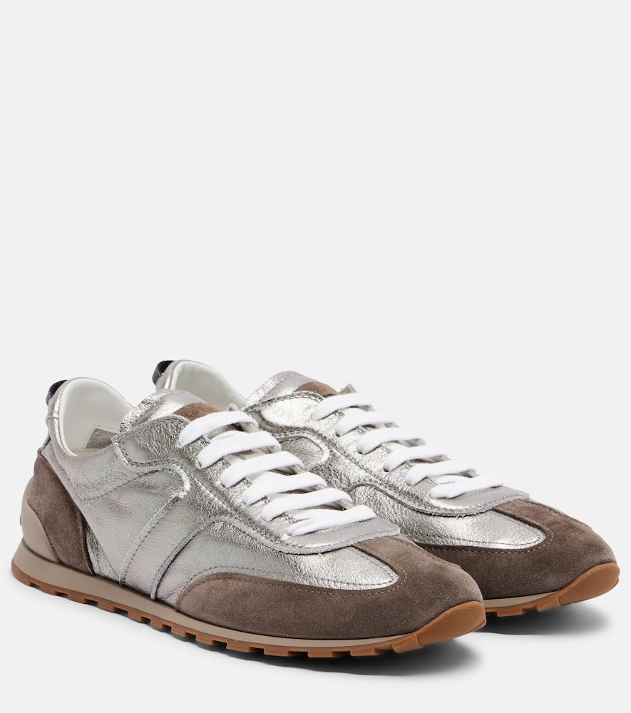 brunello cucinelli monili suede-trimmed metallic leather sneakers