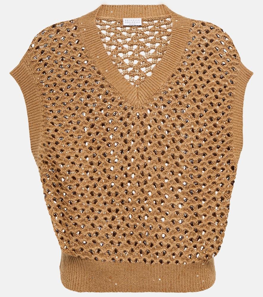brunello cucinelli open-knit cotton, linen and silk top