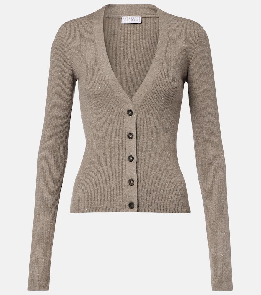 brunello cucinelli ribbed-knit lamé cardigan