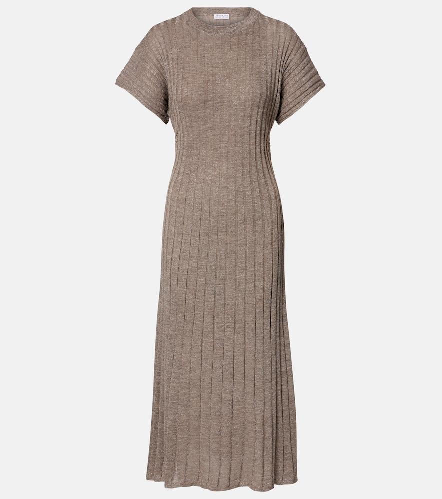 brunello cucinelli ribbed-knit lamé midi dress