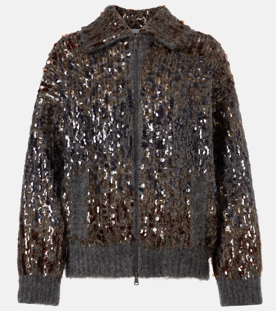 brunello cucinelli sequined mohair-blend zip-up sweater