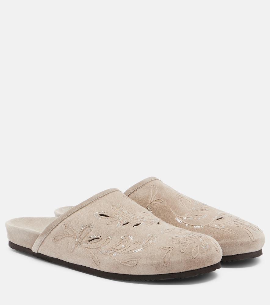 brunello cucinelli sequined suede slides