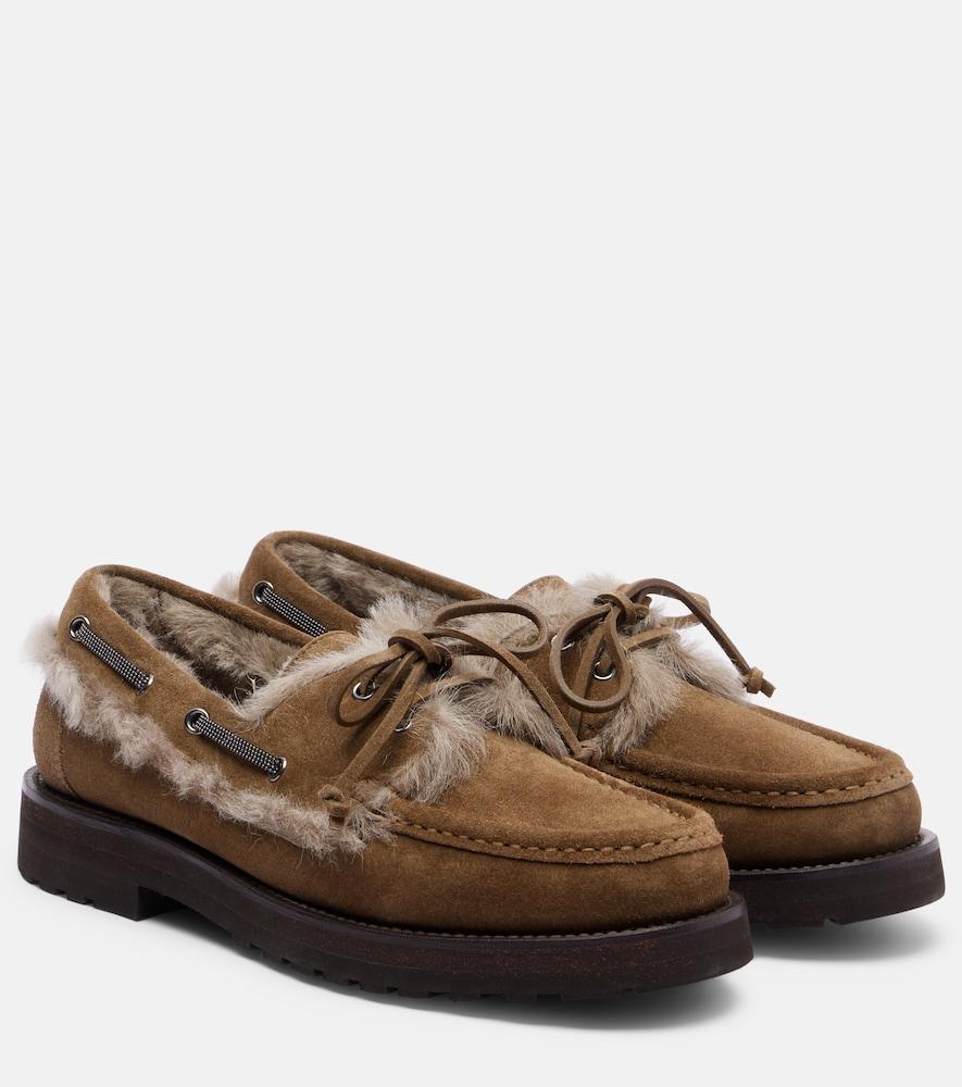 brunello cucinelli shearling-lined suede boat shoes