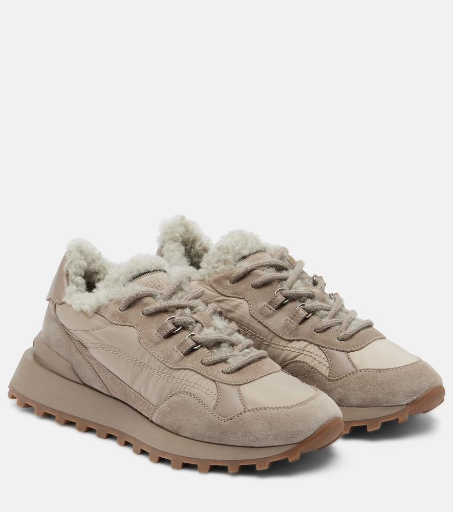 brunello cucinelli shearling-trimmed sneakers
