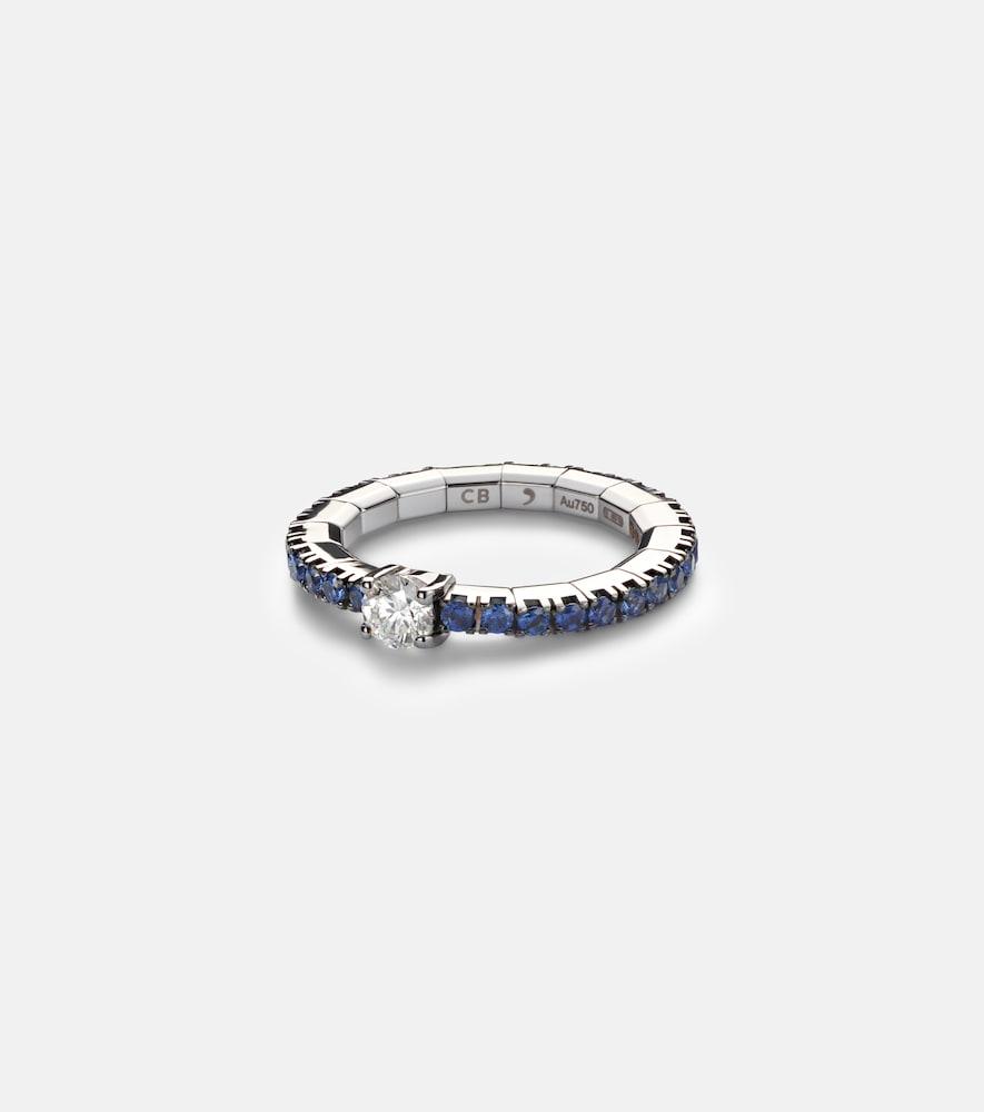 bucherer fine jewellery stretchy 18kt white gold ring with diamond and sapphires