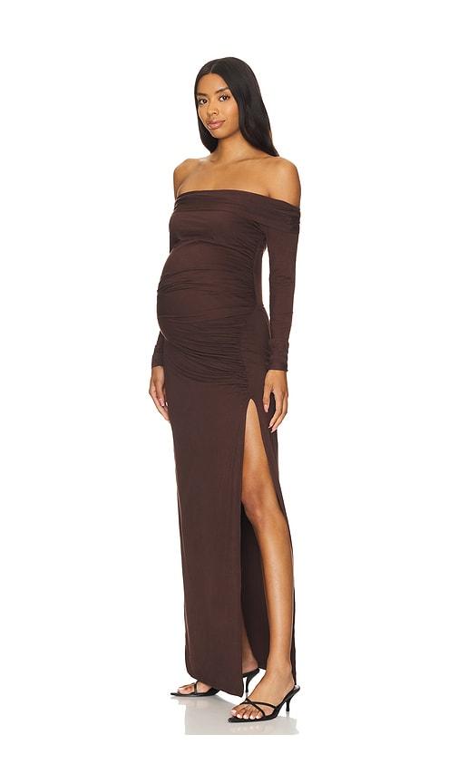 bumpsuit off the shoulder evening dress in chocolate. - size xl (also in l)