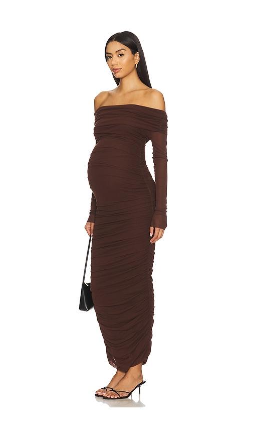 bumpsuit off the shoulder mesh dress in chocolate. - size s (also in xs)