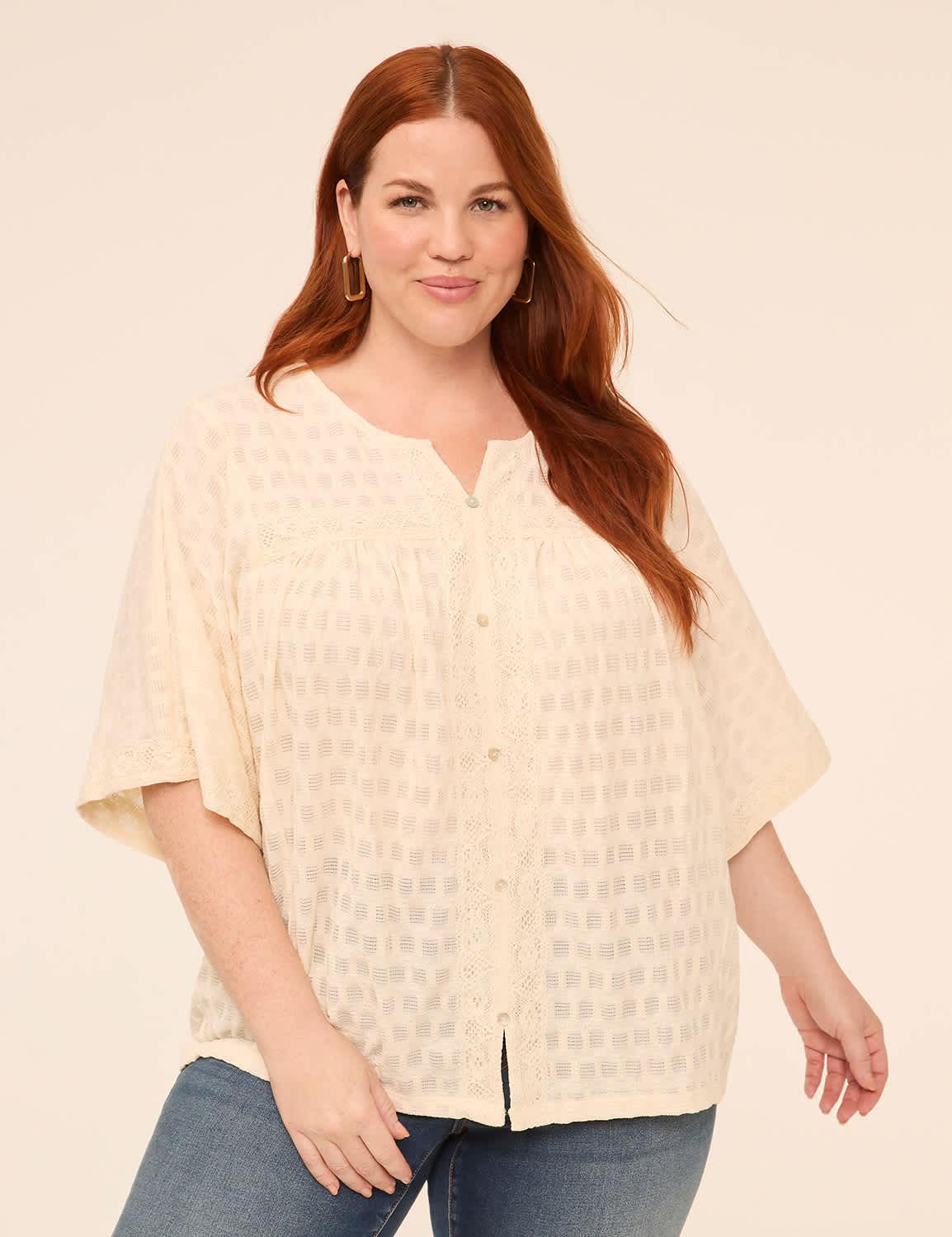 button-front lace-trim top