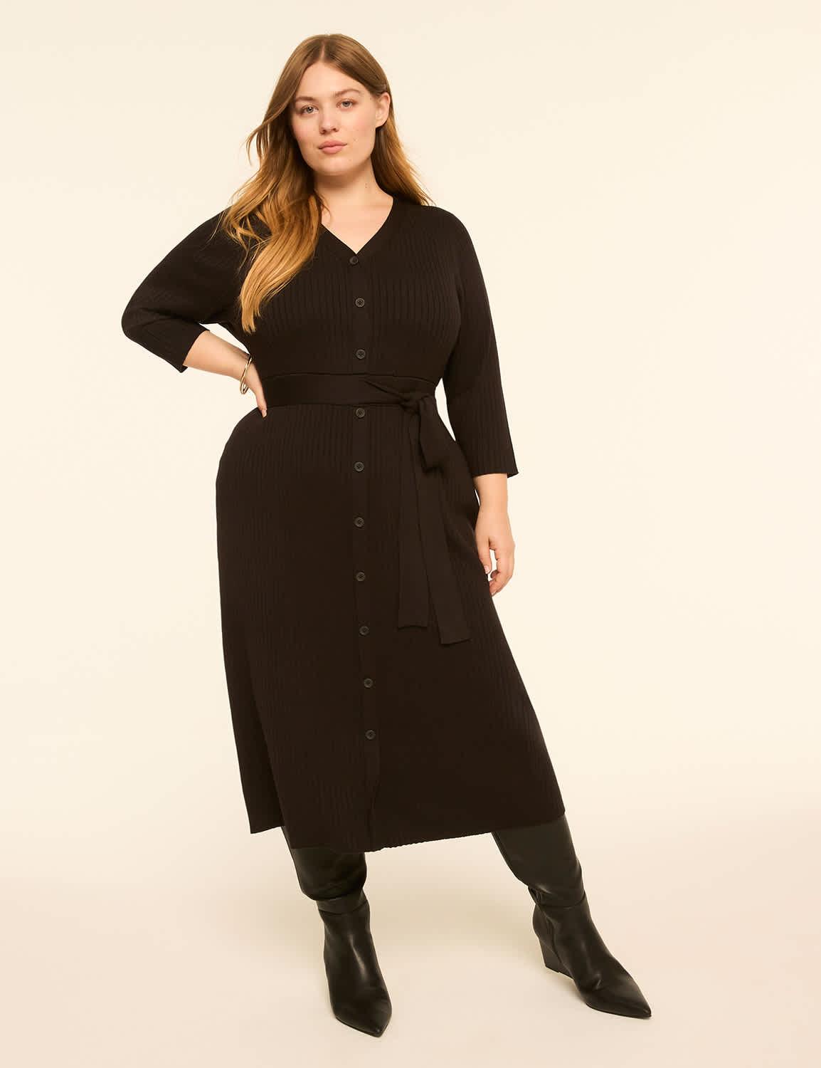 button-front tie-waist sweater dress