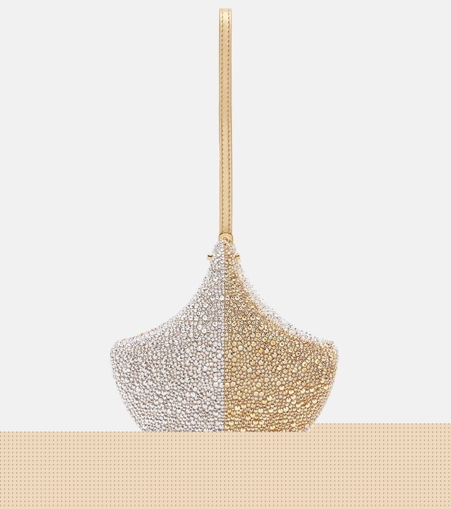 bvlgari ginkgo crystal-embellished suede clutch