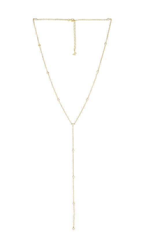by adina eden bezel station lariat necklace in metallic gold.