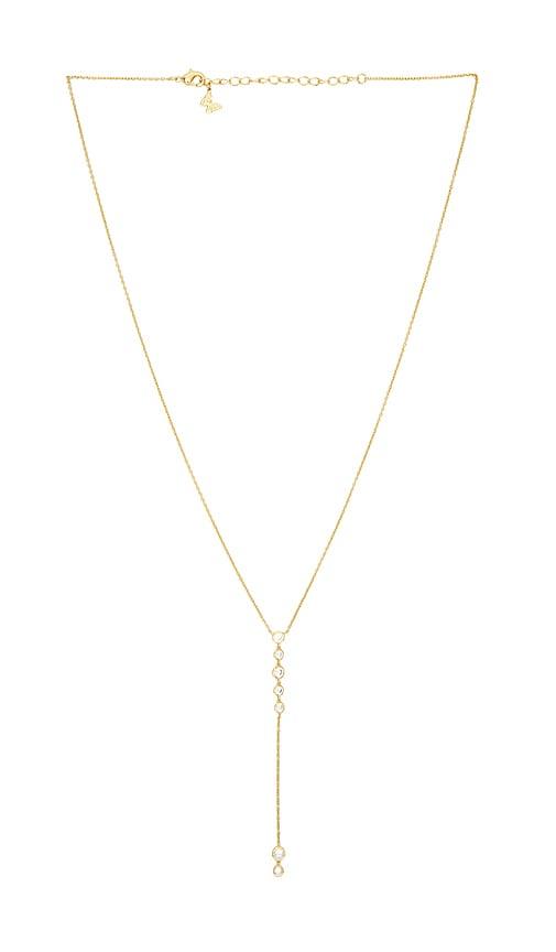 by adina eden multi bezel stone drop lariat necklace in metallic gold.
