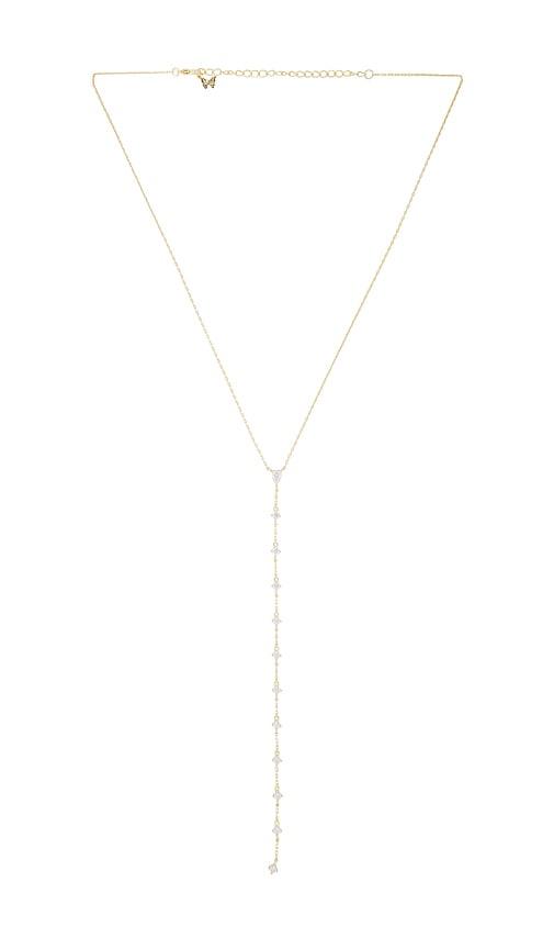 by adina eden teardrop cz lariat necklace in metallic gold.