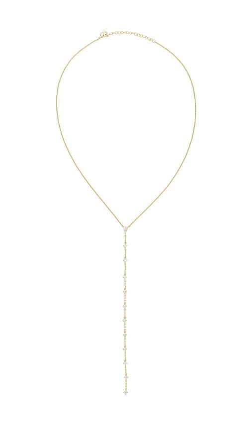 by adina eden teardrop drop lariat necklace in metallic gold.