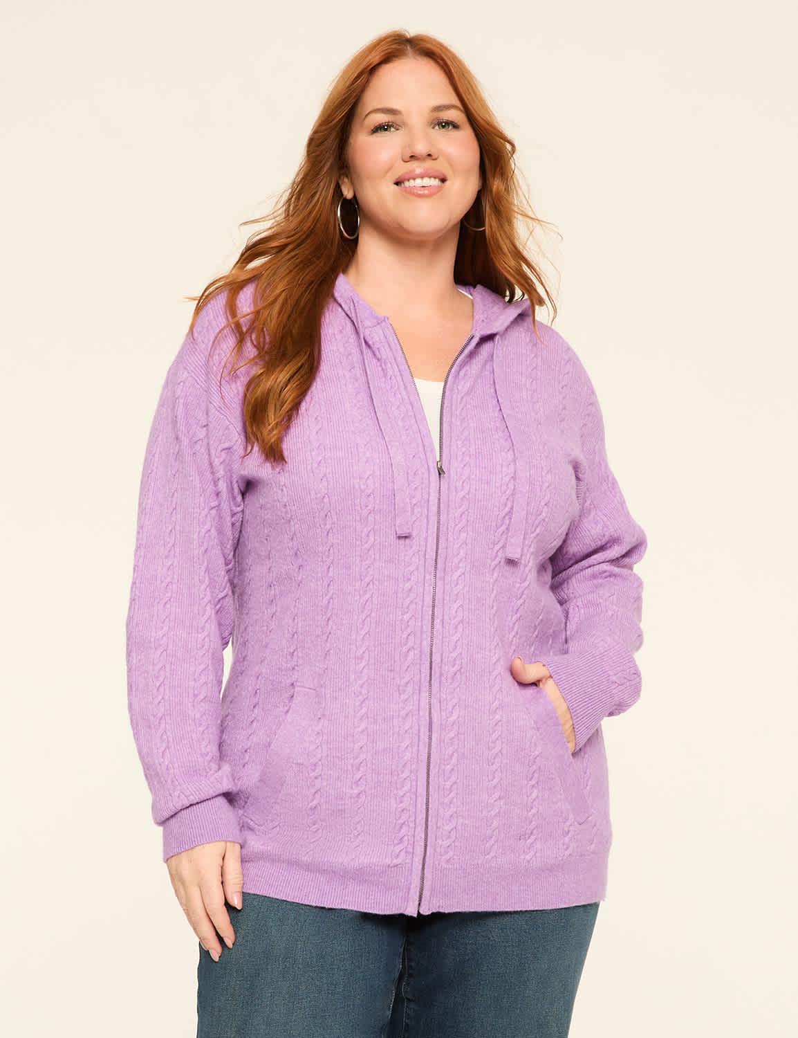 cable knit zip-front hoodie cardigan
