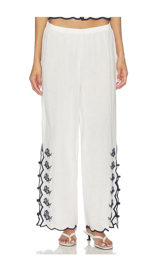 cami nyc madrid embroidered linen pant in white,navy. - size l (also in xs, s, m, xl)
