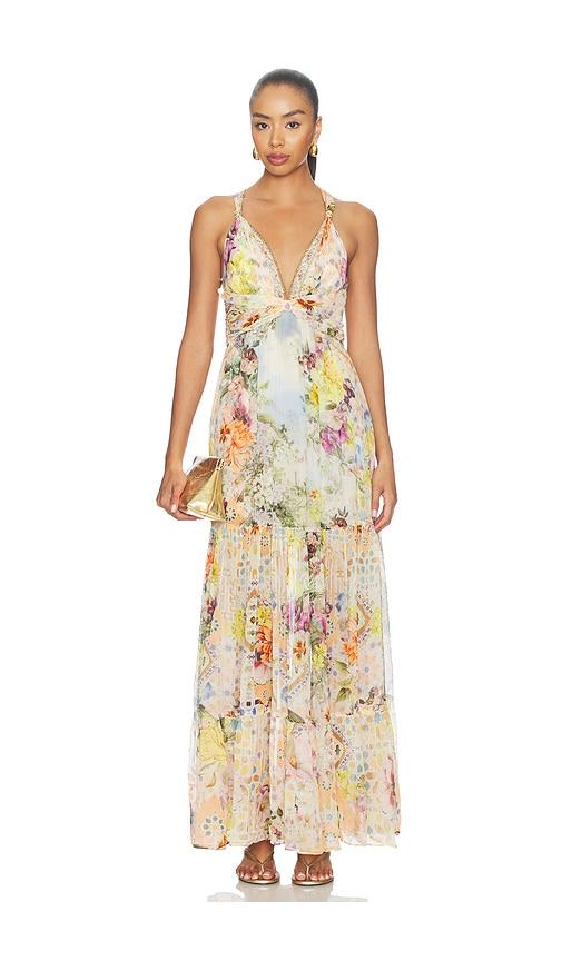 camilla bead strap gathered panel dress in yellow. - size l (also in s)