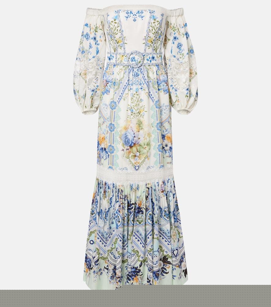 camilla floral off-shoulder linen and silk maxi dress