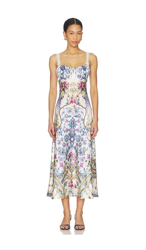 camilla gathered bodice bias dress in blue. - size l (also in m)